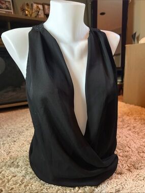 U2B Y2K Black Surplice Drape Tank Top Convertible Hidden Button Plunge Neck